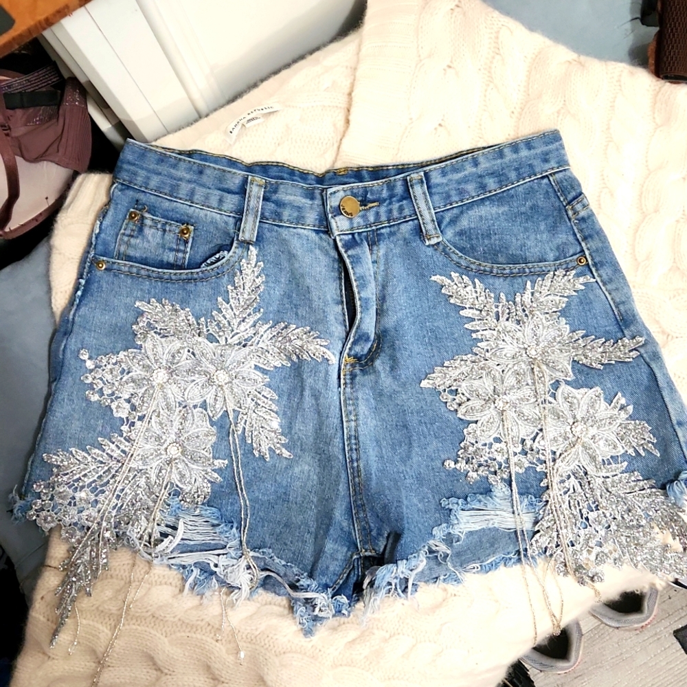 Couture distressed high waisted beaded jean shorts
